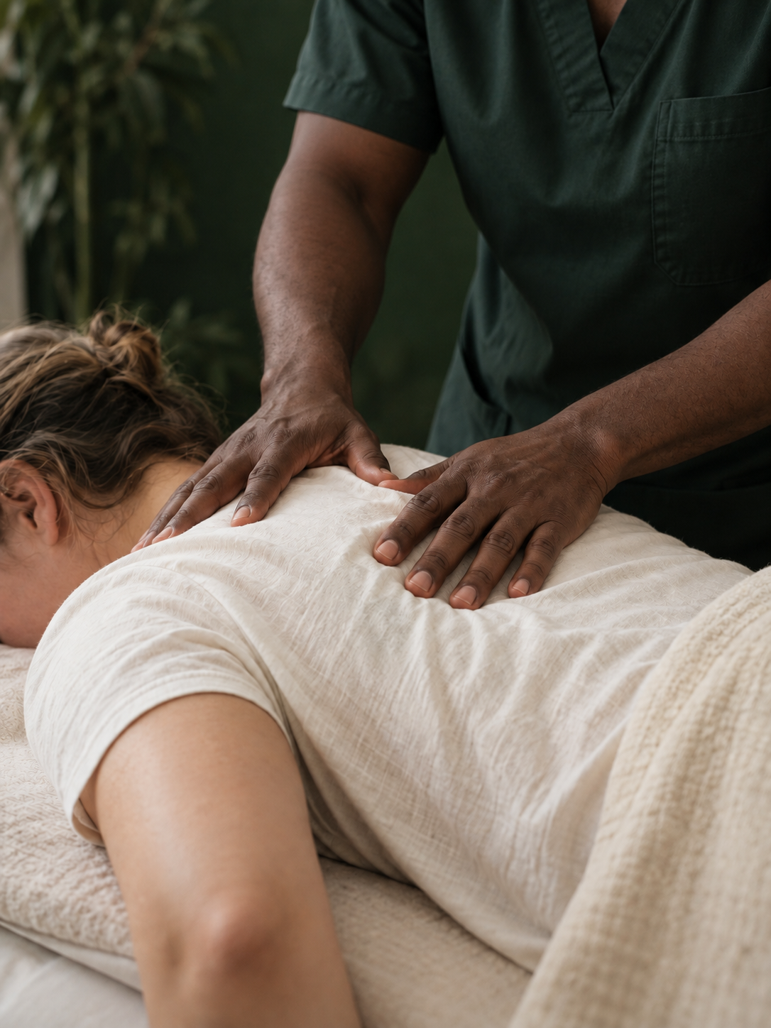Close-up of therapeutic massage on a client's shoulder